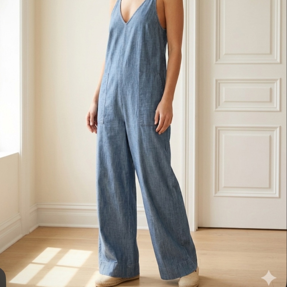 Sonoma Blue Chambray Wide Leg Jumpsuit L | Sleeveless Tie Waist